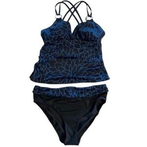 Islander two piece swimsuit size 10 black and blue with flower print
